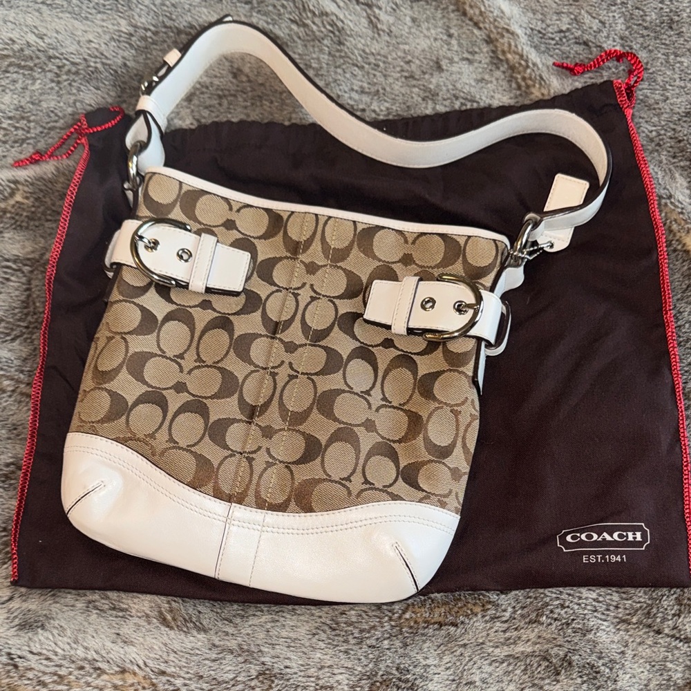 Coach Signature Canvas Shoulder Bag in Khaki and White Trim